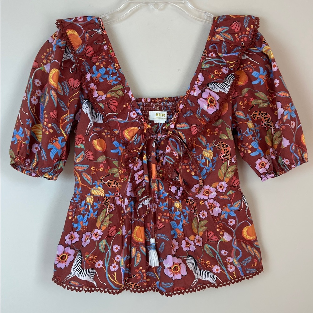 Anthropologie‎ Maeve Babydoll Blouse Tiger Zebra Safari Print Sz XS